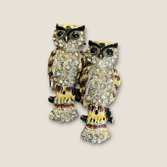 Vintage Enameled Owl Duette Brooch Pin Estate Jewelry - Picture 1 of 5